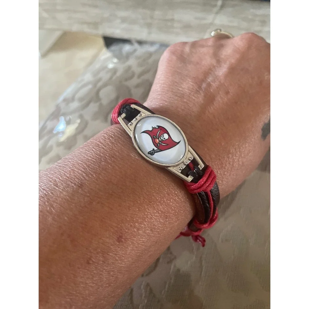 Tampa Bay Buccaneers NFL Leather Cord Adjustable Bracelet Red Brown Logo